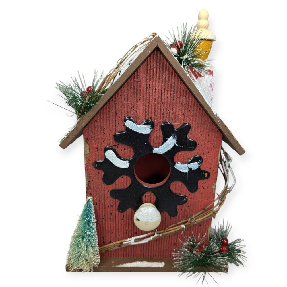 Aparacor Inc 2014 Wooden Red & Black Winter Holiday Bird House with Evergreens